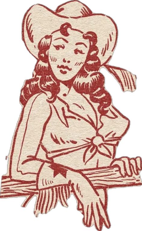 Cowgirl Vintage Illustration, American Trad Cowgirl, Cowboy Vintage Art, Vintage Cowgirl Illustration, Vintage Cowboy Tattoo, Kewpie Cowboy, Vintage Comics Women, Cowgirl Reference, Western Character Design