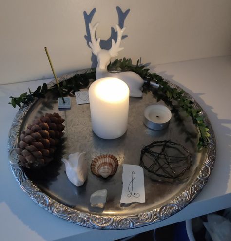 Artemis, Altar, Paganism, Spirituality, Witchcraft, Deity, Candles, Pentagram, Elements, Incense Witch Altars Inspiration, Altar For Artemis, Offerings For Artemis, Altar Arrangement Witchcraft, Ares Altar Ideas, Diety Alter Ideas, Jupiter Altar, Deity Altar Ideas, Loki Altar Ideas