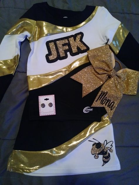 Black And Gold Cheer Uniforms, Yellow Cheerleader Uniform, Peewee Cheer, Volleyball Uniforms, Cheer Leading, Glitter Cheer Bow, Cheer Bag, Cheer Athletics, Sports Outfit