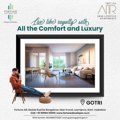 Fortune Air provides luxurious 3BHK lifestyle apartments, designed to provide a royal living experience with top-notch comforts and luxury, creating an iconic and enviable lifestyle. For More Info: https://bit.ly/3eW4zG5 Website: http://fortunedeveloper.co.in i Luxury Apartment Social Media Post, Lifestyle Ads Design, Apartment Creative Ads, Hotel Social Media Post, Interior Design Creative Ads, Apartment Advertising, Advertising Ideas Marketing, Property Layout, Sanctuary House