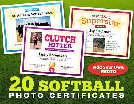 These 20 softball photo certificates are great for softball teams of all ages. Recognize players and coaches and award them a keepsake to treasure. Softball Awards, Softball Photos, Baseball Ideas, Award Template, Softball Quotes, Softball Coach, Awards Certificates Template, Baseball Coach, Award Certificates