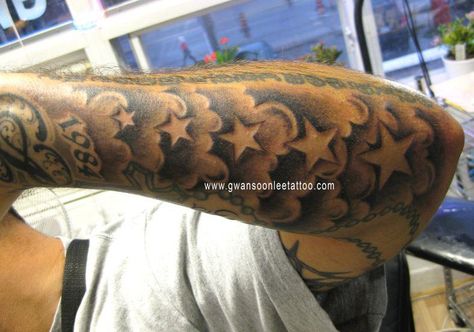 Stars And Shading Tattoo, Clouds With Stars Tattoo, Clouds Stars Tattoo, Star Tattoos Sleeve, Star Tattoos For Men On Arm Sleeve, Tattoo Stars Men, Cloud Star Tattoo, Star And Cloud Tattoo, Men Star Tattoos