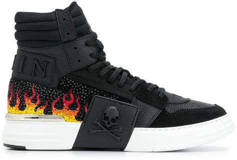 Phantom Kick$ hi-top sneakers Phillips Plein, Hi Top, Philipp Plein, Crystal Embellishment, Sneakers Black, Black N Yellow, Air Jordan Sneaker, Red Leather, Patch Logo