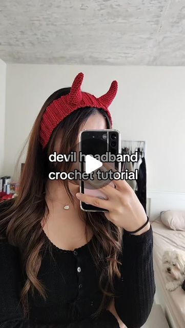 @yaejiyea on Instagram: "Halloween crochet accessories 🎃 making a new series where I show you crocheted halloween accessories to spice up your last minute costumes. First up: devil 😈 

Also trying out filming crochet tutorials on my phone- it was a challenge! 🫥

#crochet #freecrochetpattern #crochettutorial #halloween #halloweencostume #halloweencrochet" Crochet Halloween Headband, Halloween Costumes Crochet, Crocheted Halloween, Crochet Halloween Costume, Crochet Headbands, Crochet Halloween, Accessories Making, Last Minute Costumes, Halloween Headband