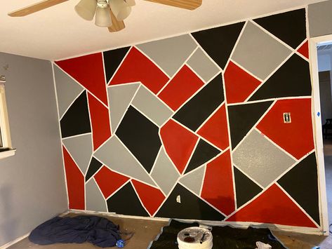 Red And Black Painted Walls Room Colors, Red Black Gray Bedroom, Red Geometric Wall, Red Wall Painting Ideas, Paint Pattern Ideas, Bedroom Accent Wall Paint, Wall Paint Pattern, Red Accent Wall Bedroom, Diy Accent Wall Paint