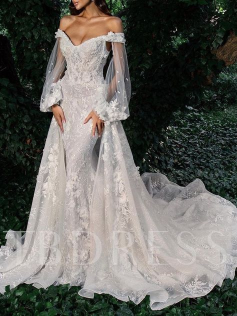 Lace Mermaid Wedding Dress With Overskirt, Long Sleeve Mermaid Wedding Dress With Overskirt, Bishop Sleeve Mermaid Wedding Dress, Wedding Dresses Special, Mermaid Dress Long Train, Alternative Wedding Dress Modern Bride Vera Wang, Mermaid Train Wedding Dress, Wedding Dresses One Sleeve, Wedding Dresses With Flared Sleeves