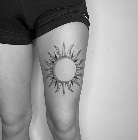 Sun Tattoo On Thigh, Sun Thigh Tattoo, Geometric Thigh Tattoo, Sun Tattoo Thigh, Upper Thigh Tattoo Women, Upper Thigh Tattoo, Thigh Tattoo Women, Upper Thigh Tattoos, Triangle Tattoos