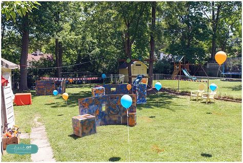 Gray's Nerf Gun Birthday Party | Fresh Art Photography Outdoor Nerf Battlefield, Nerf Wars Birthday Party, Backyard Nerf Battlefield, Nerf Wars Battlefield Diy, Nerf Battle Birthday Party, Nerf Wars Battlefield, Diy Nerf Battlefield, Nerf Battlefield Diy, Boys 8th Birthday