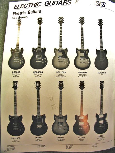 1985 Yamaha Catalogue SG range Yamaha Electric Guitars, Sg Guitar, Yamaha Guitar, Gibson Guitars, String Instruments, Vintage Guitars, Ukulele, Bass, Electric Guitar