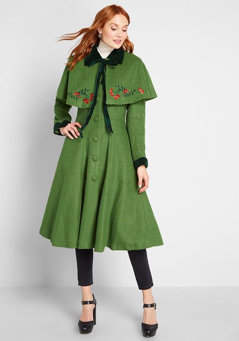 Dresses For Women | ModCloth Long Green Coat, Fit And Flare Coat, Luanna Perez, Cape Coat, The Velvet, Green Coat, 1940s Fashion, Vintage Coat, Style Retro