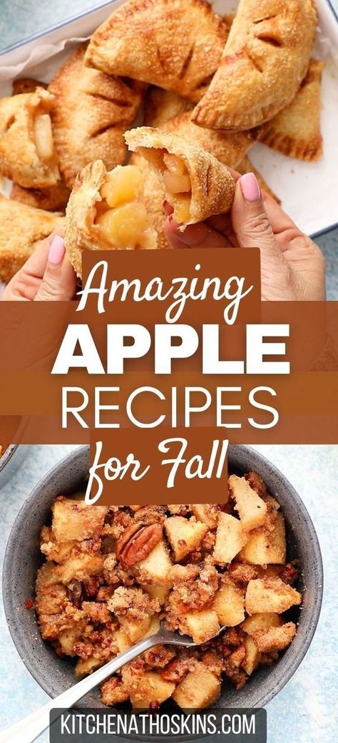 Discover a collection of fresh apple recipes that are easy, mostly healthy and perfect for Fall baking or breakfast. These Autumn baked goods are the answer when you are wondering what to do with a lot of apples when you go for apple picking. Get the easy recipes with apples at kitchenathoskins.com. What To Do With Fresh Apples, Things To Bake For Fall, Quick Apple Desserts Simple, Old Apples What To Do With, Dishes With Apples, Macintosh Apple Recipes, Halloween Hygge, Apple Baked Goods, Cooking Apple Recipes