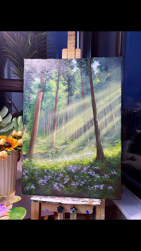 Sunlight Painting, Painting Forest, Traditional Wall Art, Forest Painting, Art Painting Acrylic, A Pattern, The Scene, Acrylic Paint, Light In The Dark