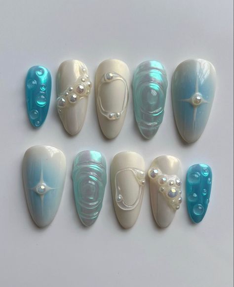 blue water fairy pearl nails Dew Drop Nails, Waterdrop Nails, Water Droplet Nails, Droplet Nails, Water Drop Nails, Raindrop Nails, Nail Contest, Italy Nails, Uñas Ideas