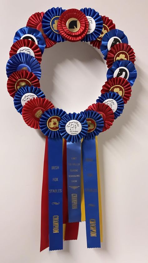 Fair Ribbon Crafts, Horse Ribbon Wreath, Horse Rosettes, Horse Show Ribbon Display, Equestrian Chic Decor, Award Ribbon Display, Horse Ribbon Display, Show Ribbon Display, Barn Crafts