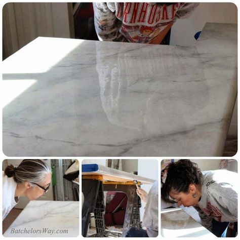 High-Level DIY Finishing Skills: Faux Marble Countertops on the Cheap - Core77 Pentagon Design, Faux Marble Paint, Faux Marble Countertop, Replacing Kitchen Countertops, Kitchen Remodel Countertops, Diy Kitchen Countertops, Outdoor Kitchen Countertops, Painted Post, Epoxy Countertop