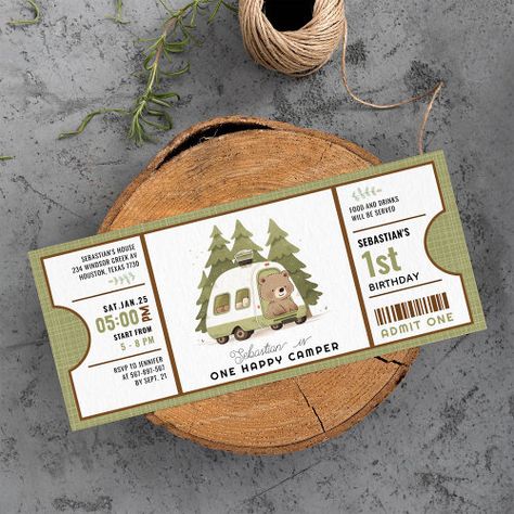 $3.4 | One Happy Camper First Birthday ticket - zgroupon, 1st birthday, one happy camper, first birthday, happy camper invite, modern camping invitation, one happy camper invitation, boy first birthday invitation, glamping birthday invitation, admit one ticket invitation Birthday Camping Theme, Green Camper Van, First Birthday Camping Theme, First Birthday Camping, One Happy Camper First Birthday, Happy Camper Birthday Party, Camping Birthday Invitations, Pine Tree Pattern, Glamping Birthday Party