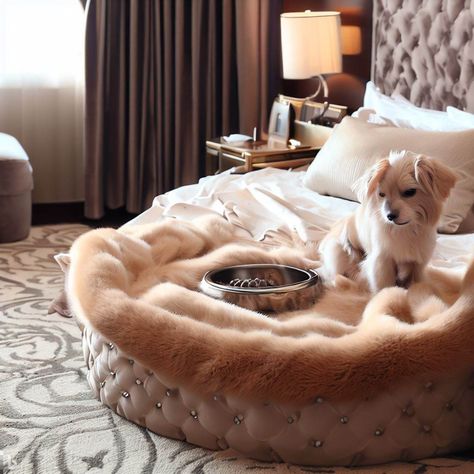 a luxury hotel room, a blanket throw on the bed in the corner is a cute dog sitting in a deluxe dog bed with a bowl on a fancy tray nearby - Image Creator Bed In The Corner, Fancy Dog Beds, Luxury Dog Bed, Fancy Bedroom, Dog Corner, Luxury Hotel Room, Fancy Dog, Dog Rooms, Dog Bed Large