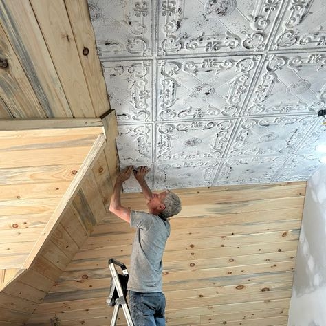 Light Grey Wood Imitation Styrofoam Ceiling Planks to Cover Popcorn Ceiling. Model 97. Could Be Glued Directly Over the Popcorn. - Etsy Bedroom Ceiling Ideas Diy, Ceiling Update, Cover Popcorn Ceiling, Cheap Ceiling Ideas, Plastic Ceiling Tiles, Ceiling Planks, Faux Tin Tiles, Styrofoam Ceiling, Styrofoam Ceiling Tiles