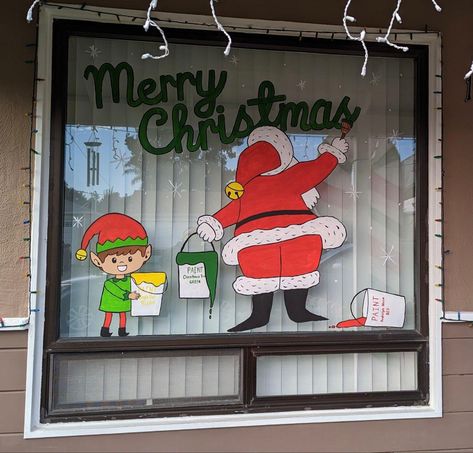 Santa Claus Window Painting, Christmas Murals School, Vintage Christmas Window Painting, Santa Window Painting, Christmas Window Paint, Christmas Window Painting Ideas, Window Painting Christmas, Classroom Window Decorations, Window Painting Ideas