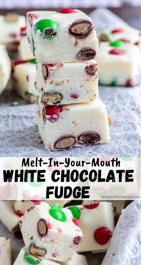 This Easy White Chocolate Fudge Recipe makes a super soft, melt in your mouth white fudge. A microwave fudge made simply with white chocolate, sweetened condensed milk and marshmallows for the ultimate holiday dessert. #fudgerecipes #christmasrecipes #whitechocolaterecipes #whitechocolatefudge #christmasdesserts White Chocolate Fudge Recipes Easy, White Chocolate Marshmallow Candy, White Chocolate Fudge Easy, White Chocolate Melts Recipes, White Christmas Fudge, White Chocolate Christmas Fudge, White Fudge Recipes, White Chocolate Fudge Condensed Milk, White Fudge Recipe Easy