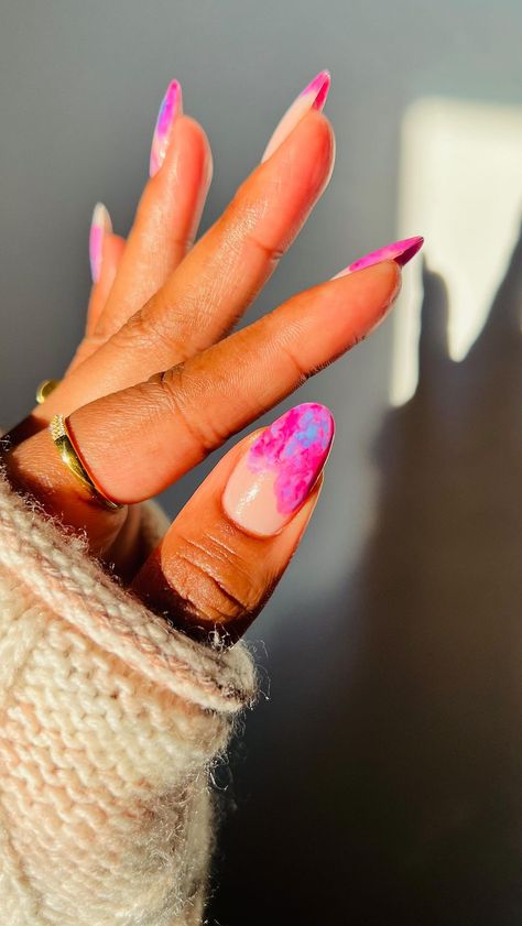 Bright Marble Nails, Square Nails With Stiletto Pinky, Winter Nails Stiletto, Blue Marble Nails, Pink Marble Nails, Marbled Nails, Nails Marble, Multicolored Nails, Simple Spring Nails