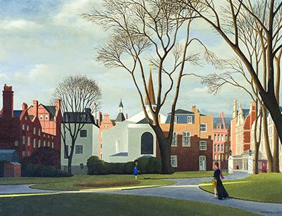 Thomas Fransioli, Mount Street Gardens and the Grosvener Chapel, London (1970). Abstract Expressionist Art, South Boston, Russian Painting, Magic Realism, European Art, Street Scenes, Urban Landscape, Still Life Painting, City Art