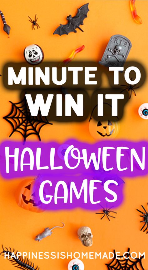 These Minute to Win It Halloween party games are perfect for all ages – challenging enough for older kids and adults, but still simple enough that younger children can join in the fun as well! Halloween Party Games Minute To Win It, Fun Halloween Minute To Win It Games, Anything But Party Ideas, Senior Center Halloween Party, Halloween Party For Adults Games, Group Halloween Party Games, Halloween Party Ideas For 3rd Graders, Outside Halloween Party Games, Old School Halloween Games