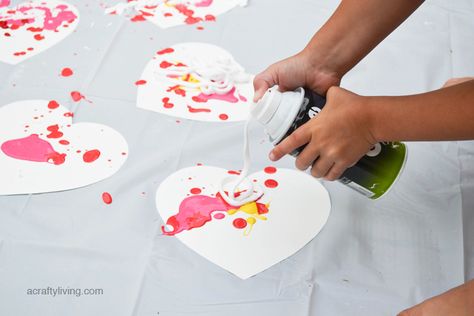 A crazy fun sensory activity for kids for Valentine's Day Shaving Cream Hearts Valentines, Valentines Process Art For Toddlers, Valentines Day Process Art, Shaving Cream Marble Painting, Shaving Cream Painting Toddlers, Splat Art, Valentine Hearts Art, Sweet Love Notes, Splatter Paint