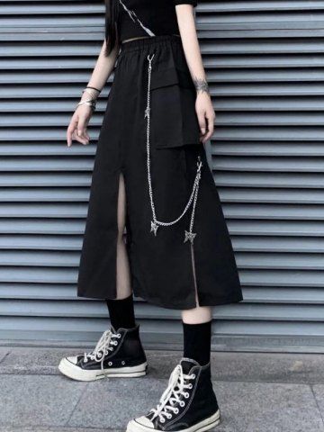 Techwear Skirt, Genderfluid Outfits, Skirt Kawaii, Techwear Women, Summer Goth, Harajuku Streetwear, Emo Outfits, Black Cargo, Cargo Skirt