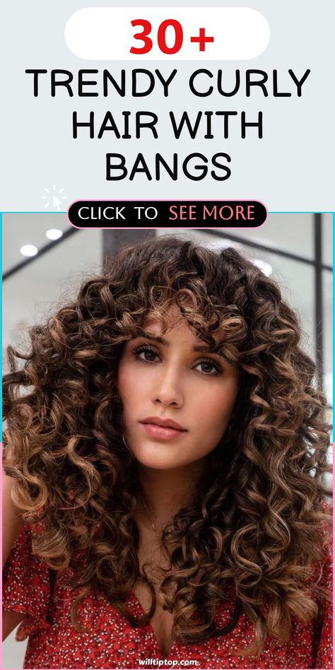 Upgrade your curly hair style with these fashionable curly hair looks featuring bangs. Mixing texture and style, these looks exude a chic and trendy vibe that complements any outfit effortlessly. Whether you prefer natural curls or voluminous waves, incorporating bangs can elevate your hairstyle game to new heights. Long Curly Shag With Bangs, Long Curly Hair With Bangs And Layers, Curly Hair Looks, Voluminous Waves, Curly Hair Style, Hair With Bangs, Curly Hair With Bangs, Your Hairstyle, Trending Hairstyles