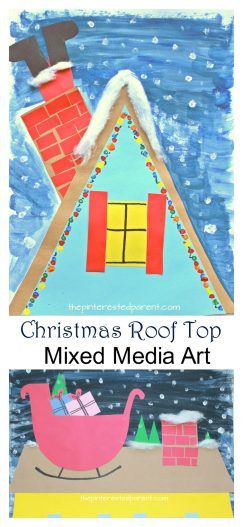 Up on the roof top Christmas and winter artwork - mixed media arts and crafts projects for kids - paint, construction paper Christmas Art For Kids, Christmas Preschool, Winter Artwork, Christmas Art Projects, Parents Christmas, Winter Art Projects, Santa Art, Christmas Artwork, Christmas And Winter