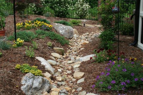 Landscaping Swale Dry Riverbed Landscaping, Dry River Bed, Yard Drainage, Dry Creek Bed, Dry River, Hillside Landscaping, Creek Bed, River Bed, Rock Garden Landscaping