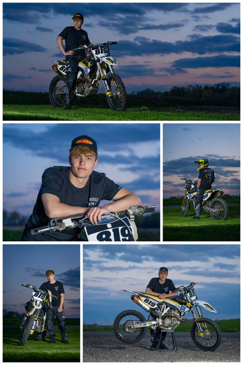 Senior Picture Ideas Motorcycle, Senior Picture Motorcycle, Motocross Senior Pictures, Dirt Bike Graduation Pictures, Senior Dirt Bike Pictures, Senior Pictures With Motorcycle, Motorcycle Senior Pictures, Dirtbike Senior Photos, Dirt Bike Senior Pictures