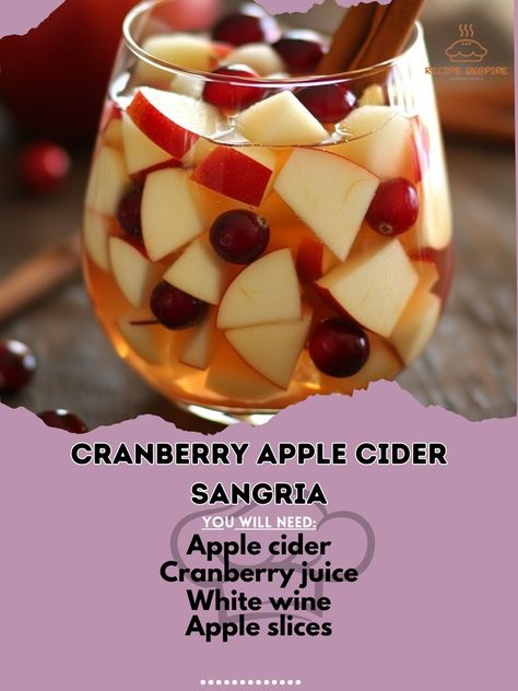 🍎🍹 Cranberry Apple Cider Sangria – A refreshing fall sangria bursting with cranberry and apple flavors. Perfect for autumn gatherings! 🍂✨ #CranberrySangria #FallDrinks Cranberry Apple Cider Sangria Ingredients: Apple cider (2 cups) Cranberry juice (1 cup) White wine (1 bottle) Apple slices (1 cup) Cranberries (1/2 cup) Cinnamon sticks (2) Honey (2 tbsp) Ice (as needed) Instructions: In a pitcher, mix apple cider, cranberry juice, and white wine. Add apple slices, cranberries, cinnamon sti... Cranberry Apple Sangria, Cranberry Apple Cider, Cranberry Sangria, Sangria Ingredients, Apple Sangria, Cranberry Wine, Cider Sangria, Apple Cider Sangria, Wine Sangria