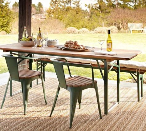 Tavern Rectangular Fixed Folding Dining Table (not these chairs) 86" long x 30" wide x 30" high Pottery Barn Outdoor, Pergola Design, Folding Dining Table, Modern Outdoor Furniture, Patio Dining Table, Farmhouse Dining Table, Outdoor Retreat, Dining Table Design, Wood Dining Chairs