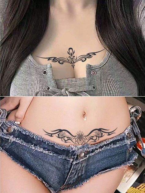 Black  Collar    Sticker Embellished   Beauty Tools Succubus Tattoo, Abdomen Tattoo, Waist Tattoos, Health Tattoo, Pearl Neck, Small Pretty Tattoos, Lower Abdomen, Square Necklace, Fake Tattoos