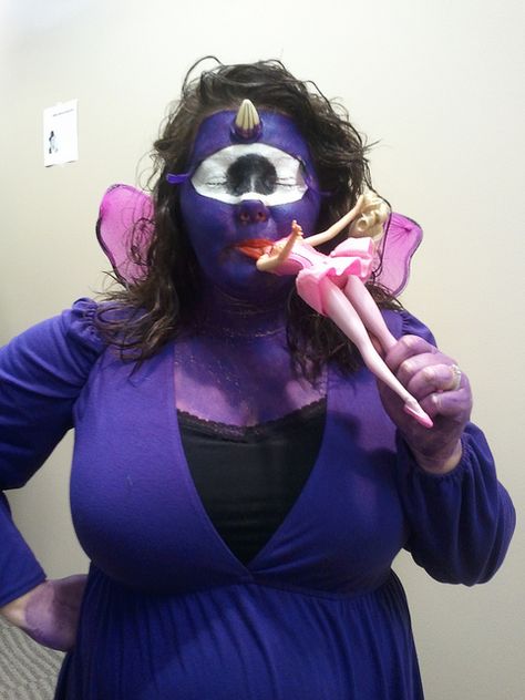 Purple People Eater costume, via Flickr, love the Barbie! One Eyed One Horn Flying Purple People Eater Costume, Flying Purple People Eater Costume, Purple People Eater Costume, Flying Purple People Eater, Office Purple, Halloween Rules, Bad Christmas, Purple People Eater, Amazing Halloween Costumes