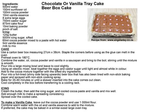 Chocolate Or Vanilla Tray Cake baked in a Tray or Beer Box. Ideal for school or church bazaars!  Recipe from: www.angeladay.co.za :) Beer Box Cake Recipe, Beer Box Cake, Coffee Mousse Cake Recipe, Sjokolade Koek, Groot Koeke, Salmon Wellington Recipe, Salmon Wellington, Everyday Cakes, Chocolate Beer