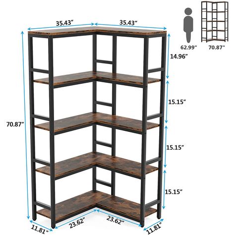 17 Stories Mallet 70.87'' H x 35.43'' W Metal Etagere Bookcase & Reviews | Wayfair Corner Shelf Storage, Tall Corner Shelf, Bookshelf Industrial, Corner Bookshelf, Metal Beam, Corner Bookshelves, Vintage Industrial Style, Corner Design, Etagere Bookcase