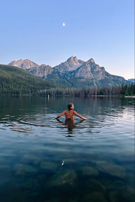 Swimming In A Lake Aesthetic, Mountains In Summer, Swimming At The Lake, Camping By The Lake, Vision Board Camping, Vision Board Mountains, Lake In Mountains, Cozy Mountain Aesthetic, Mountain Camping Aesthetic