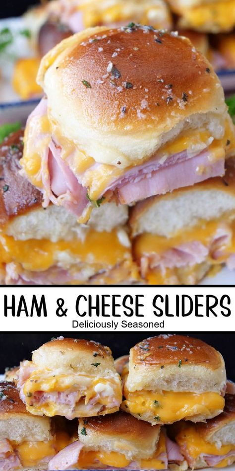 A double photo of ham and cheese sliders stacked on top of each other. Ham And Cheese Slider, Hawaiian Ham And Cheese Sliders, Sweet Hawaiian Rolls, Hawaiian Ham, Sliders Recipes Hawaiian Rolls, Easy Slider Recipes, Ham Cheese Sliders, Ham Sliders, Ham And Cheese Sliders