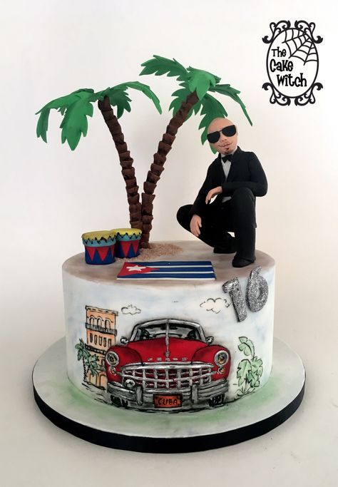 Pitbull Cuban cake- pitbull singer, vintage car, cuban flag Pitbull Party Theme, Pitbull Singer Themed Party, Cuban Cake Theme, Havana Nights Cake, Cuban Cake, Pitbull Singer, 50s Cake, Cuba Party, Havana Nights Party Theme