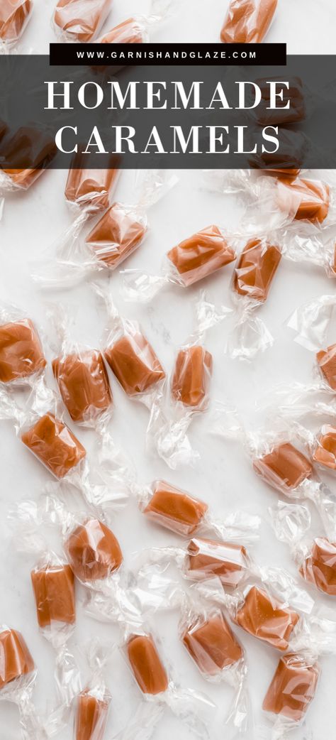 Soft, creamy, melt-in-your-mouth Homemade Caramels are the perfect holiday gift! Package them up and enjoy this heavenly candy all season long. #caramel #homemadecandy #christmastreats | GarnishandGlaze.com Cream Microwave, Soft Caramels, Homemade Caramels, Microwave Caramels, Christmas Candy Easy, Easy Christmas Candy Recipes, Caramel Recipe, Cream Caramel, Christmas Candy Recipes