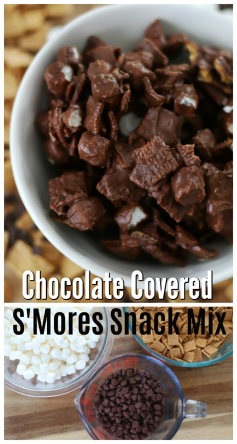 Chocolate Covered S'mores Snack Mix Chocolate Snack Mix, Smores Snacks, Homemade Smores, Melt Chocolate In Microwave, Fluffy Marshmallows, Chocolate Covered Graham Crackers, Chocolate Cereal, Chocolate Covered Marshmallows, Cereal Snacks