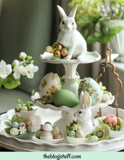 Pastel Easter Decorations, Tiered Tray Decor Ideas, Tray Decor Ideas, Easter Tiered Tray, Cute Diy Room Decor, Hot Chocolate Bars, Small Tray, Small Bouquet, Colorful Fruit