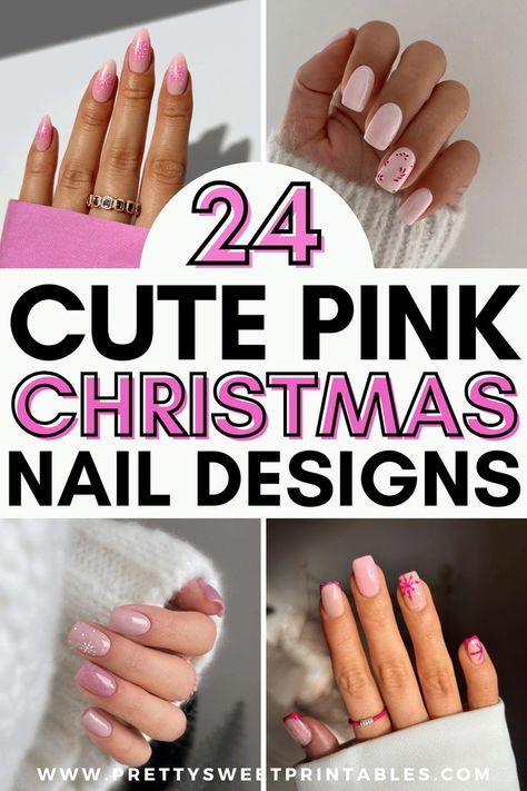 pink Christmas nails designs ideas nail art Christmas Nails Pink Candy Canes, Pink Christmas Gel Nails Short, Pink Retro Christmas Nails, Best Pink Gel Nail Polish, Pink Ombre Christmas Nails, Snowflake Pink Nails, Pink Christmas Nail Designs Simple, Pink Holiday Nails Almond, Girly Holiday Nails