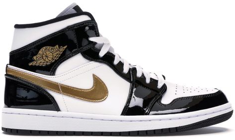 JORDAN 1 MID PATENT BLACK WHITE GOLD. #jordan #shoes Tenis Nike Jordan, Aj1 Mid, White Forces, Jordan Gold, Nike Jordan 1 Mid, Low Dunks, Jordan 1 Black, Jordan Shoes Retro, Nike Shoes Jordans