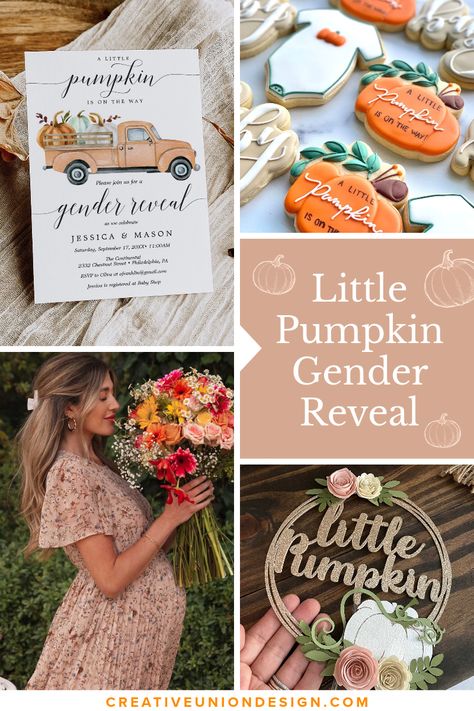 Plan the perfect fall gender reveal baby shower with our Little Pumpkin is on the Way theme! Our vintage orange truck is heading into October full of colorful pumpkins ready to deliver. Shop our favorite fall invitations, gender reveal voting fans, favor tags, favor stickers, cookies, cake toppers, favors, maternity dresses and more! Gender Reveal Ideas For Party Pumpkin, What Will Pumpkin Be Gender Reveal, Little Pumpkin On The Way Gender Reveal, Pumpkin Themed Gender Reveal Party Food, Fall Gender Reveal Party Decorations, Gender Reveal Ideas Pumpkin Theme, What Will Our Little Pumpkin Be, Autumn Gender Reveal Ideas, Fall Gender Reveal Themes