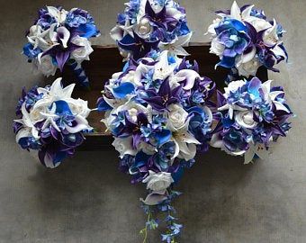 Blue And Purple Orchids, Orchid Bridal Bouquets, Orchid Bouquet Wedding, Blue Purple Wedding, Lily Bridal Bouquet, Purple Calla Lilies, Purple Bridal Bouquet, Cascading Bridal Bouquets, Purple Lily