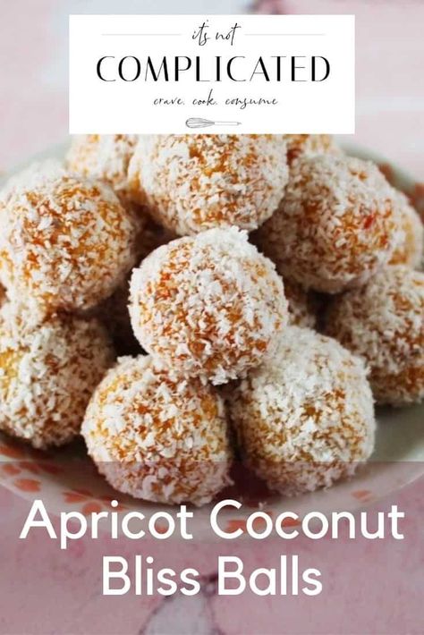 These gorgeous Apricot Coconut Bliss Balls are simple to prepare and utterly delicious. They are made with just 5 simple ingredients and come together in 15 minutes. #apricotcoconutblissballs #coconutblissballs #blissballs #apricotblissballs #easyveganrecipes #vegansnacks #cravecookconsume #itsnotcomplicatedrecipes Coconut Energy Balls, Coconut Balls, Bliss Balls, Balls Recipe, Food Shows, Easy Food To Make, Almond Recipes, Vegan Snacks, Snack Time